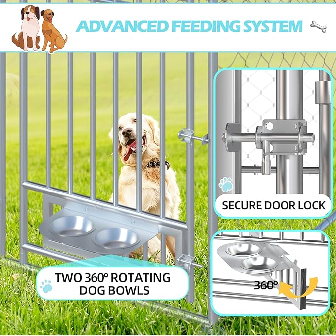 13'x13' Outdoor Dog Kennel with Roof, Dog Kennel Outside with Rotated Dog Bowls, Large Dog House Pen Enclosure with Secure Lock, Wateproof Sunproof Cover
