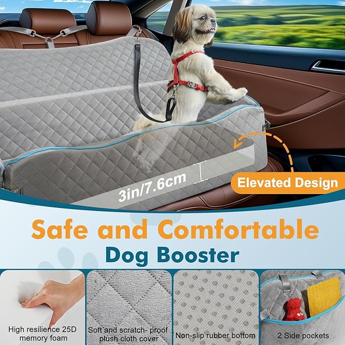 Large Dog Car Seat, Dog Car Bed for Large Dogs Under 120lbs, Dog Booster Seat with Thick Cushion and 2 Pet Safety Leashes, Detachable & Washable Pet car Bed for Backseat