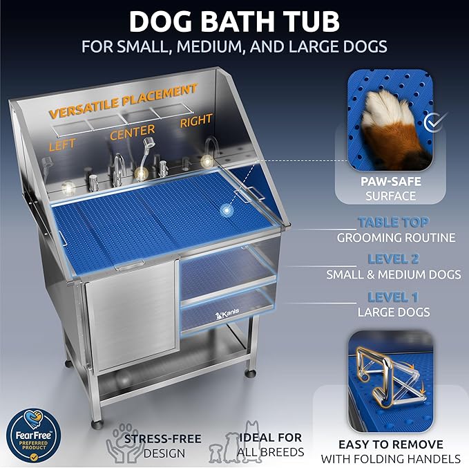 KANIS Professional Dog Washing Station - 304 Stainless Steel Pet Wash Sink & Grooming Bathtub w/Shower, Floor Grates and Storage for Large, Medium & Small Pets (40", Shelf - Left Ramp)