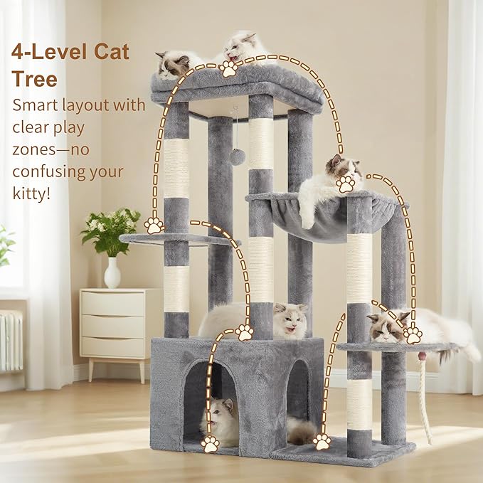 Heybly Heavy Duty Cat Tree, Tower for Indoor Cats Large Adult, Tall Cat Condo House with Extra-Large Baseboard, Multi-Level Plush Furniture with Scratching Posts, Hammock,Toy Balls,Light Gray HCT026W