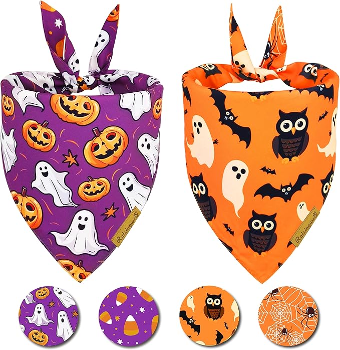 Halloween Dog Bandanas 2 Pack 4 Pattern Ghost Spider PumpkinCandle Bibs Reversible Washable Durable Fall Dog Scarf Suitable forLarge Breed Boy and Girl