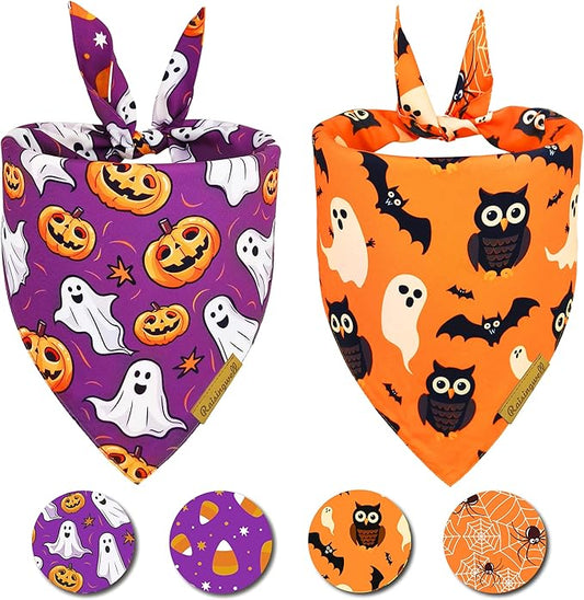 Halloween Dog Bandanas 2 Pack 4 Pattern Ghost Spider PumpkinCandle Bibs Reversible Washable Durable Fall Dog Scarf Suitable forLarge Breed Boy and Girl