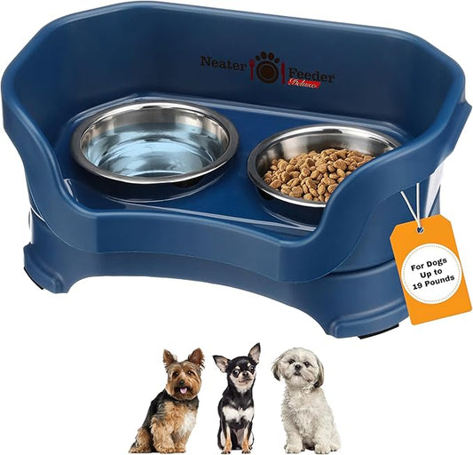 Neater Pet Brands Neater Feeder Deluxe Mess Proof Dog Bowls Elevated for Small Dogs Under 19 lbs, Made in USA, No Spill Raised Dog Food Bowl Stand Feeding Station, Food and Water Bowl Set, Dark Blue