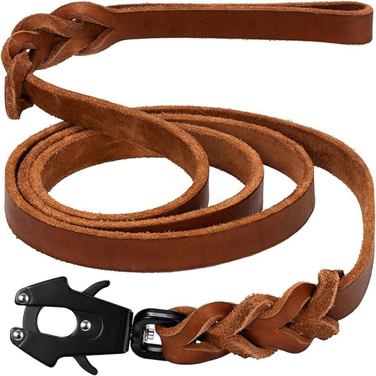 GEIT 4/5/6FT Leather Dog Leash, Heavy Duty Dog Training Leashes, Genuine Leather Braided Leash with Quick Release/Locking Tactical Frog Clip for Medium and Large Dogs