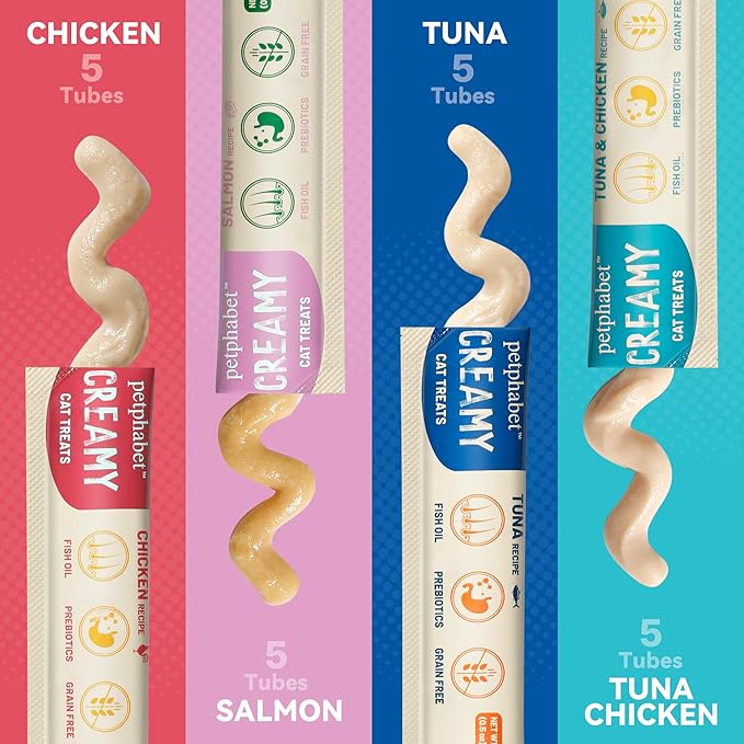 PETPHABET Lickable Cat Treats, Creamy Puree Wet Kitten Treats 4 Flavors Variety Pack, Squeezable Paste Cat Snacks, Grain-Free Kitty Treat, High Protein Squeeze Up Tubes for Cats (0.5 oz x 20 Counts)