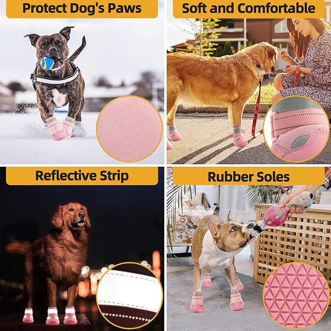 Dog Shoes for Large Dogs, Medium Dog Boots & Paw Protectors for Hardwood Floors, Outdoor Dog Booties for Hot Pavement Winter Snow Hiking, Waterproof Dog Shoes with Reflective Strips Size 3