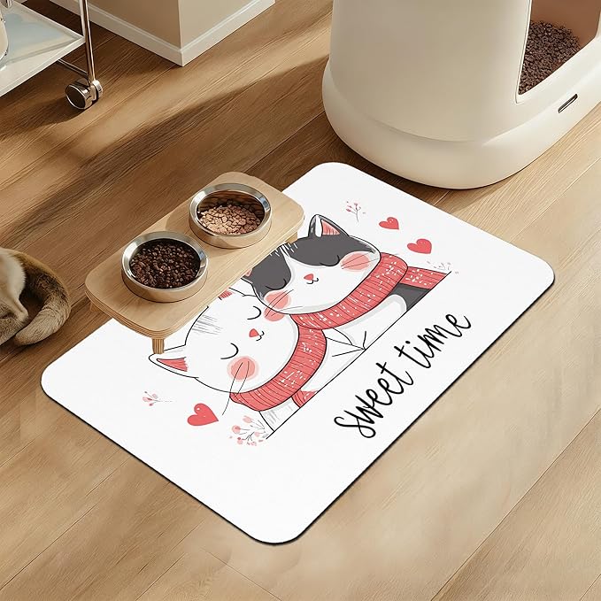 Sweet Cat Lovers Dog Cat Food Mat–Absorbent Waterproof Placemat for Food and Water Bowls, Non Slip Rubber Backing, Feeding Mat for Clean Floors 12"x20"