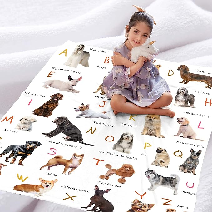 Dog Alphabet Print Blanket, Personalized Dachshund Blanket, Dog Gift for Dog Lovers Mom Dad Cute Dog Paw Prints Soft Flannel Throw Blanket for Bed Sofa Travel Large 80"x60" for Adults