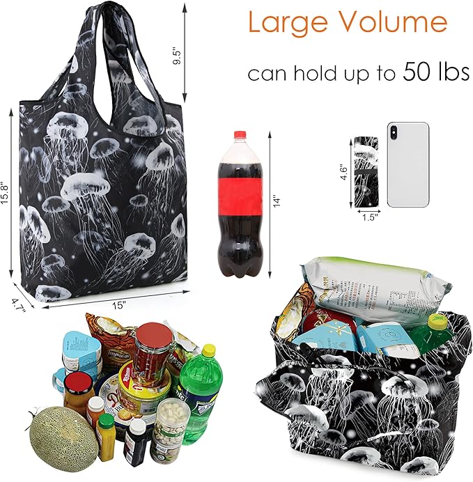 BeeGreen Raccoon Reusable Grocery Bags Frog Elephant Penguin Jellyfish Shopping Bags Bulk 50LBS X-Large Heavy Duty 6 Pieces