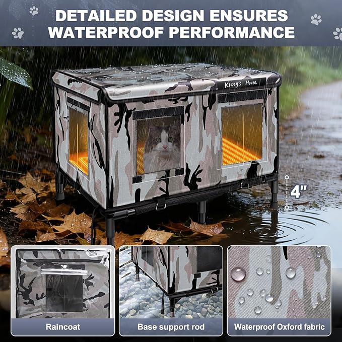 Heated Cat House for Outside in Winter, Weatherproof Insulated Outdoor Cat House with 2 Door & Elevated Base & Rain Coat, Feral Cat Shelter for Stray Cat (24"x18"x18")