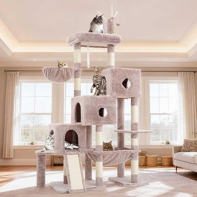 Hey-brother Cat Tree Tower, Scratching Posts with 3 Condos, Large Basket, Cozy Bed, Sisal Board, Step-by-Step Climbing Pathway and Toys, 74.8 inches Furniture for Big Indoor Cats, Muchroom MPJ081MU