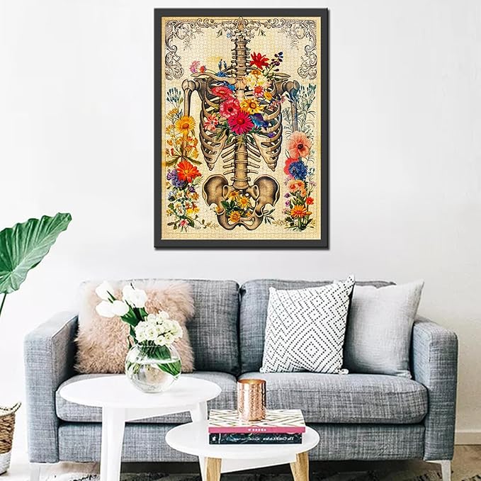Rib Cage Skull Flower Jigsaw Puzzle Human Organ/Anatomy 1000 Pieces Puzzles Game Florals Jigsaw Puzzles for Adults Home Decor DIY Craft Puzzle Gift for Friends and Family 20 x 27 Inch