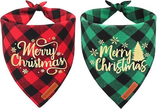 ADOGGYGO 2 Pack Dog Bandana Christmas Classic Plaid Triangle Pet Scarf Bibs Kerchief Merry Christmas Bandanas for Medium Large Dogs Pets (Large)