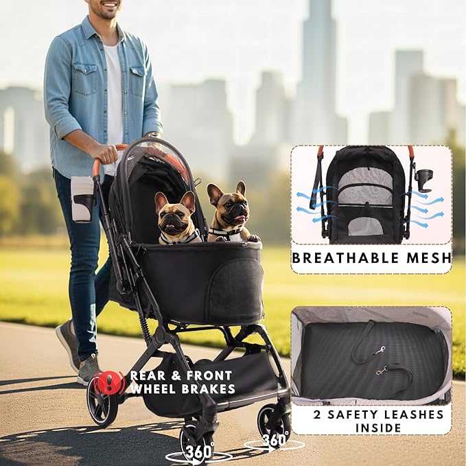 Pet Stroller for Small Medium Dogs Cats Up to 45 lbs, Travel Lite Collapsible, All Terrain 4 Wheels for Jogging, Running, Black