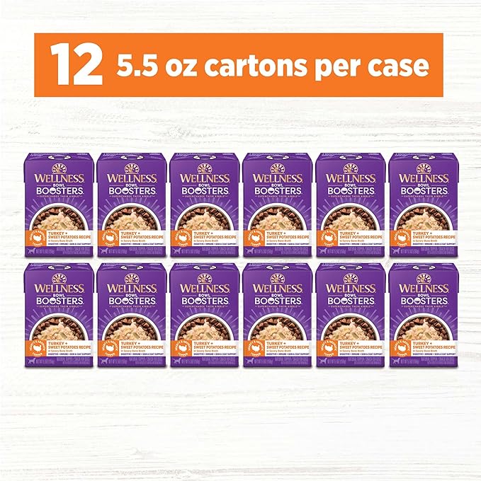 Wellness Bowl Boosters Hearty Toppers, Wet Dog Food Topper for Small, Medium, & Large Breeds, Grain Free, Natural, Turkey & Sweet Potatoes in Broth, 5.5 Ounce Pouch (Pack of 12)