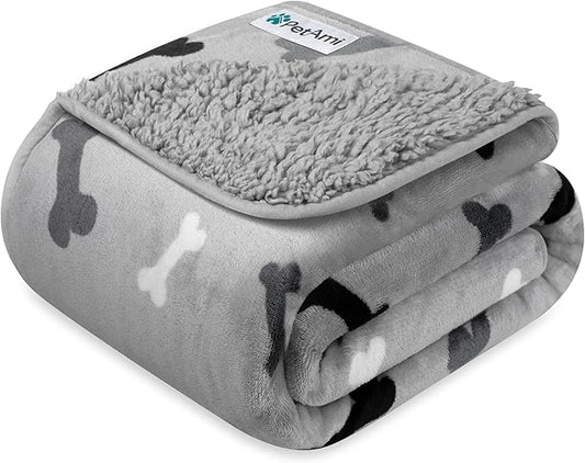 PetAmi Waterproof Dog Blanket Sherpa Fleece, Pet Small Medium Dog, Reversible Large Cat Throw Bed Couch Sofa Furniture Protector Soft Plush Microfiber (Small 24x32, Bone Print Gray), (24x32)