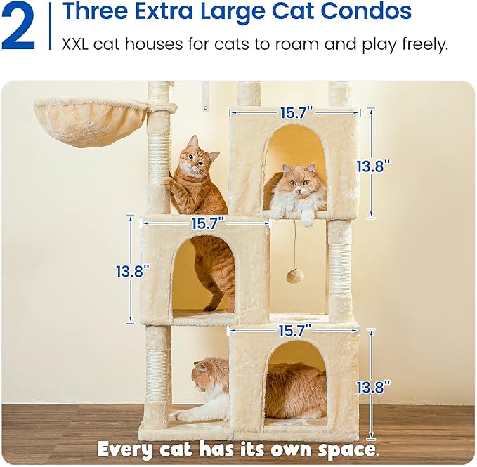 MWPO Extra Large Cat Tree - 70.1-Inch Tall Cat Tower with 3 Cat Condos, Multi-Level Cat Stand for Large Cats Featuring Scratching Posts, Padded Perches, Hammock, Dangling Toys, Beige