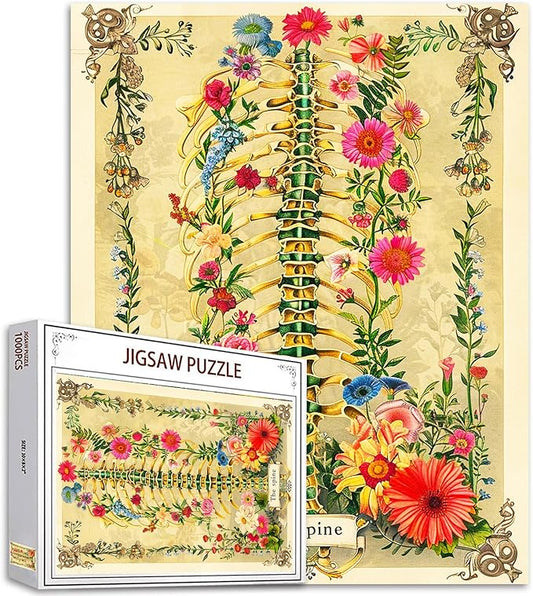 Spine Skeleton Jigsaw Puzzle Human Anatomy Flower 1000 Pieces Puzzles Game Human Skull Floral Puzzles for Adults Home Decor Family Puzzle Perfect for Game Nights Ideal Gift Choice 20 x 27 Inch