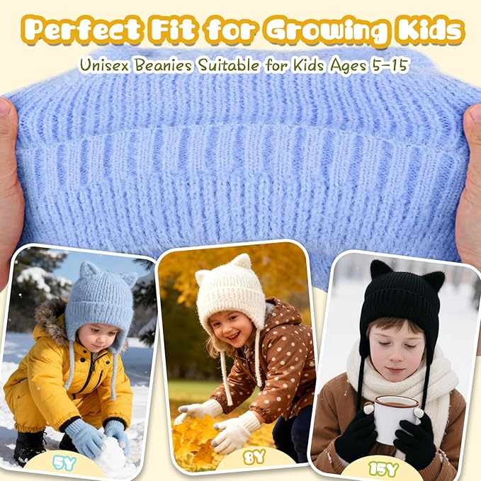 ZOORON Kids Winter Hat for Boys Girls, Cat Beanie Children Knit Skull Cap with Warm Ear Flap, Teen Beanie Hat Age 5-15 Years