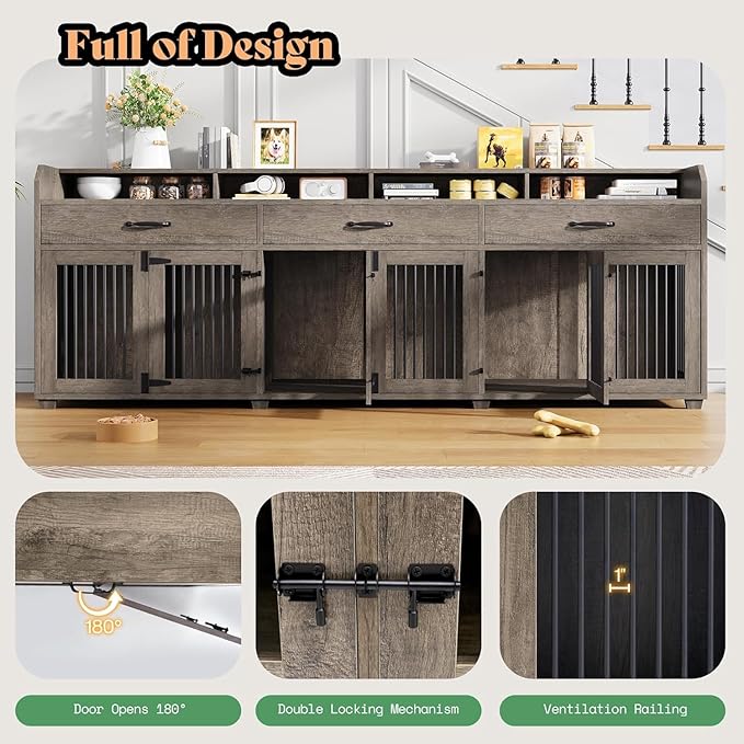 AMERLIFE 95" Large Dog Crate Furniture with Storage, 3-Room Indoor Wooden Dog Kennel for Large/Medium Dogs, TV Stand & Sideboard with Drawers & Removable Divider, Grey