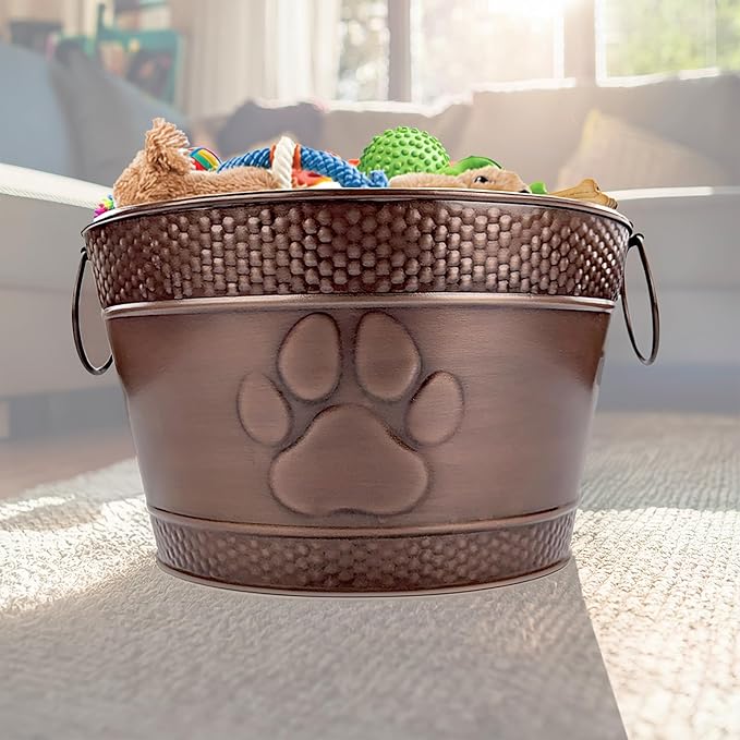 Metal Indestructible Dog Toy Bin - Storage Bin with Handles, Farmhouse Organizer Storage Basket for Pet Toys, Blankets, Leashes - Home Decor (Lead-Free Copper)