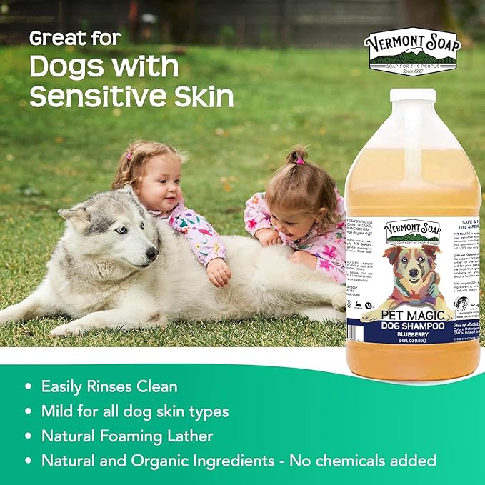 VERMONT SOAP Organics Pet Shampoo - Infused with Organic & Natural Olive Oil, Coconut & Aloe Vera Dog Shampoo for Sensitive Skin - USDA Certified Grooming, Blueberry (64oz)