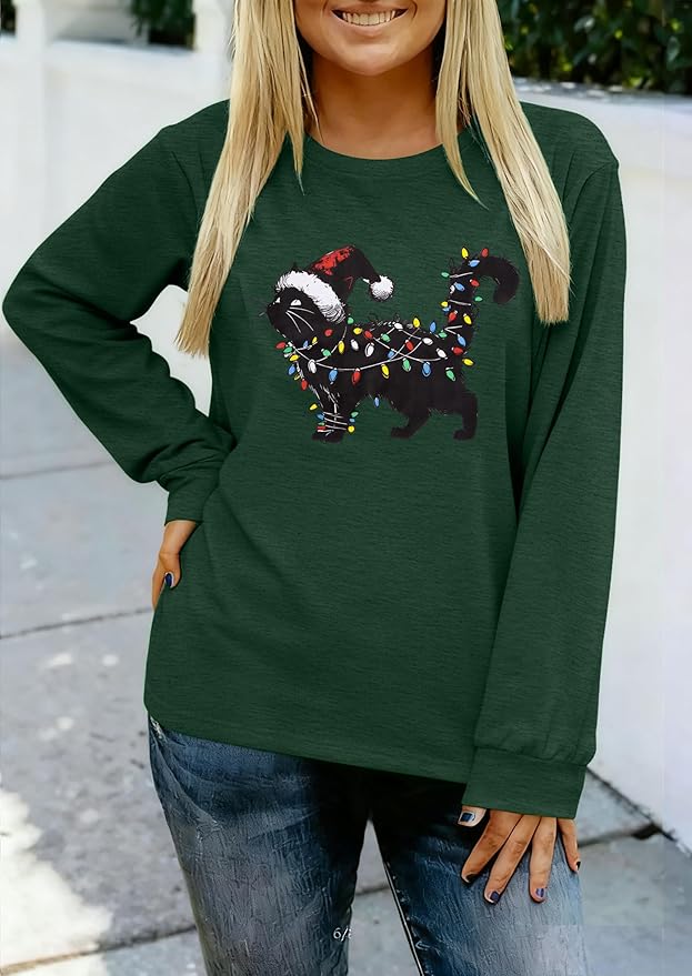JINTING Cat Shirts for Women - Loose Fit Lightweight Long Sleeve Graphic Tee Fall Printed Crewneck Blouse Casual Tops