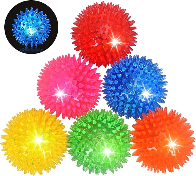 6-Pack 2.5” LED Light-Up Squeaky Dog Toy Balls ，Durable Interactive Glow Fetch Toys for Aggressive Chewers，BPA Free Non-Toxic, Spiky Puppy Chew Balls