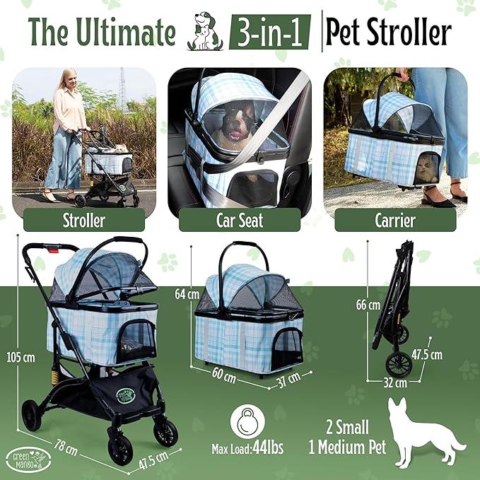 Green Mango Collapsible Pet Stroller with Suspension for Small/Medium Cats/Dogs. 3 in 1 Folding Stroller with Phone/Bottle Holder and Rain Cover, Car Seat and Storage Basket