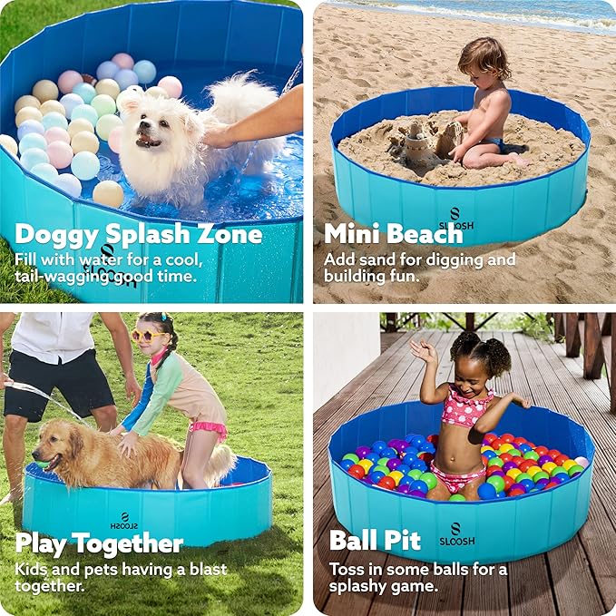 SLOOSH Foldable Dog Kiddie Pool - Portable Hard Plastic Doggie Swimming Pool, Anti-Slip Collapsible Pets Bath Tub Suitable for Kids Indoor Outdoor Backyard Use (48" x 12", Blue)