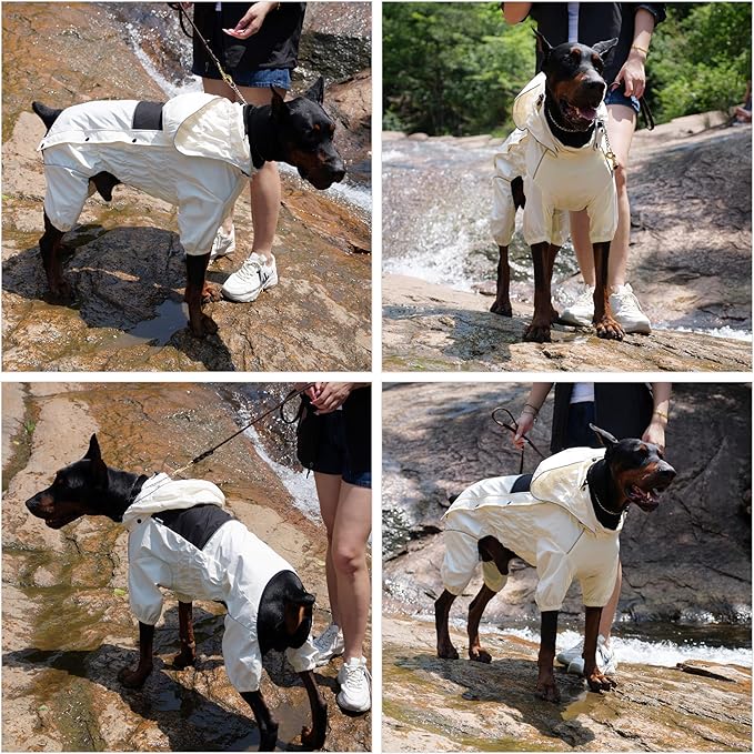 LOVELONGLONG Waterproof Dog Raincoat with Removable Hood – Outdoor Full Body Dog Jacket, Windproof Snowproof Shell Suit – All Season Pet Rain Gear Ivory XL