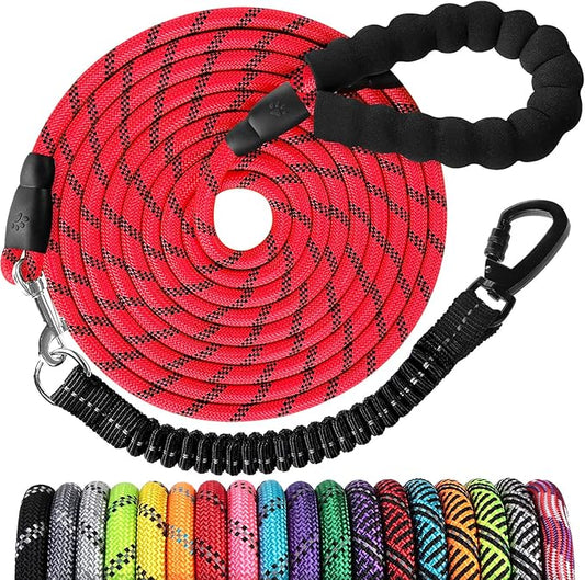 Long Dog Leash 30 FT: Heavy Duty Rope Leashes for Dogs Training with Swivel Lockable Hook Reflective Threads Bungee and Padded Handle - Dog Lead for Large Small Medium Dogs Outside Walking Hiking Red