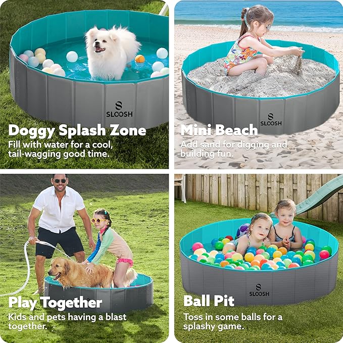 SLOOSH Foldable Dog Kiddie Pool - Portable Hard Plastic Doggie Swimming Pool, Anti-Slip Collapsible Pets Bath Tub Suitable for Kids Indoor Outdoor Backyard Use (48" x 12", Grey)