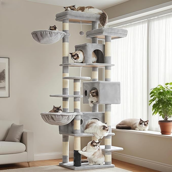 Hey-brother Cat Tree, 74 inches Multi-Level XL Large Cat Tower for Indoor Cats with Three Cat Condos, Two Large Top Decks and Cat Hairbrushfor Kittens, Cats and Pets, Light Gray MPJ035-MW