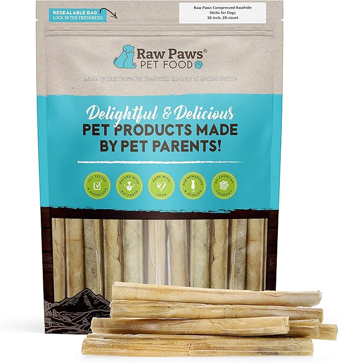 Raw Paws 10-inch Compressed Rawhide Sticks for Dogs, 20-ct - Pressed Rawhide Chews for Large Breeds & Medium Dogs - Safe Raw Hide Rolls - Natural Dog Chew Long Lasting for Aggressive Chewers