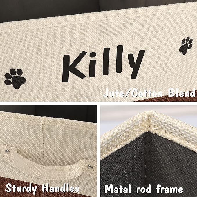 PET ARTIST Large Dog Toy Basket, Custom Toy Bin Box Personalized with Pet's Name, Collapsible Pet Storage Baksets With Handle for Toys,Blankets,Accessories- Brown