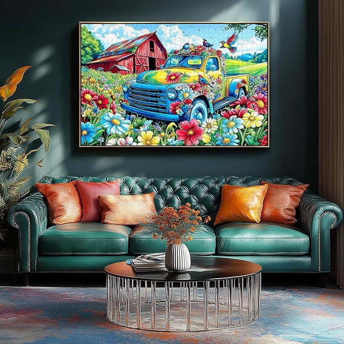 1000 Piece Puzzles for Adults, Graffiti Pickup Truck & Hummingbird Puzzle for Adults, Clearance Challenge Art Jigsaw Puzzle, for Gift Birthday Party Games Family, 27.5 * 19.7 Inch Dust Free Puzzle