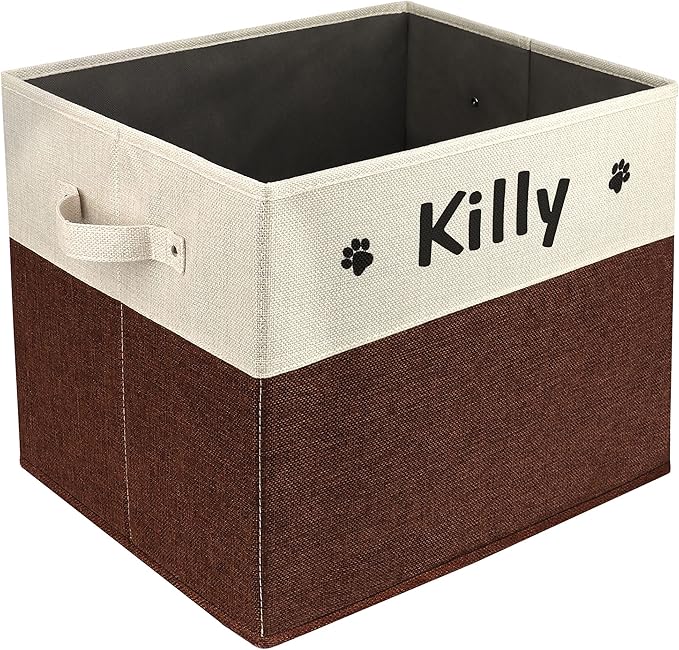 PET ARTIST Large Dog Toy Basket, Custom Toy Bin Box Personalized with Pet's Name, Collapsible Pet Storage Baksets With Handle for Toys,Blankets,Accessories- Brown