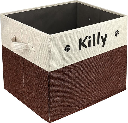 PET ARTIST Large Dog Toy Basket, Custom Toy Bin Box Personalized with Pet's Name, Collapsible Pet Storage Baksets With Handle for Toys,Blankets,Accessories- Brown