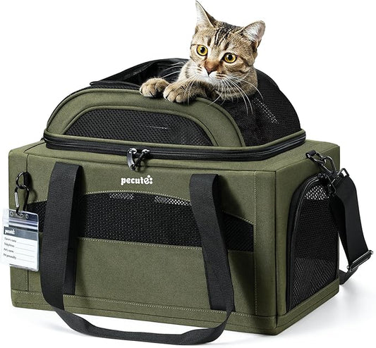 Pecute Expandable Pet Carrier Airline Approved Dog Cat Carrier, Breathable Soft-Sided with Locking Zippers, Pet Travel Bag for Small Dog Cat Leakproof Pee Pad (Dark Green)