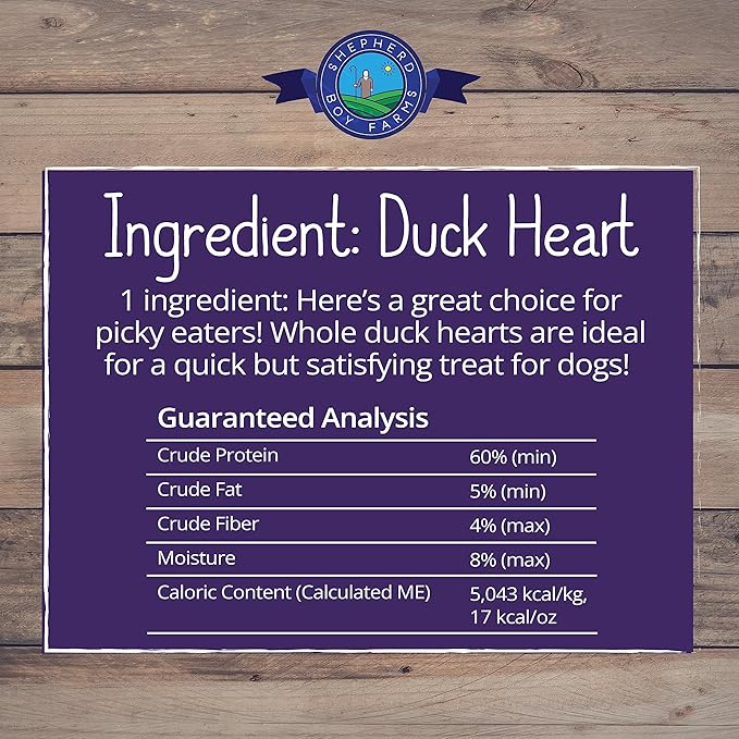 Shepherd Boy Farms Freeze Dried Dog and Cat Treats, Duck Heart, All Natural Single Ingredient Freeze-Dried Dog Treat & Snacks, Made in USA, High Protein, Essential Nutrition of Raw Food, 8oz