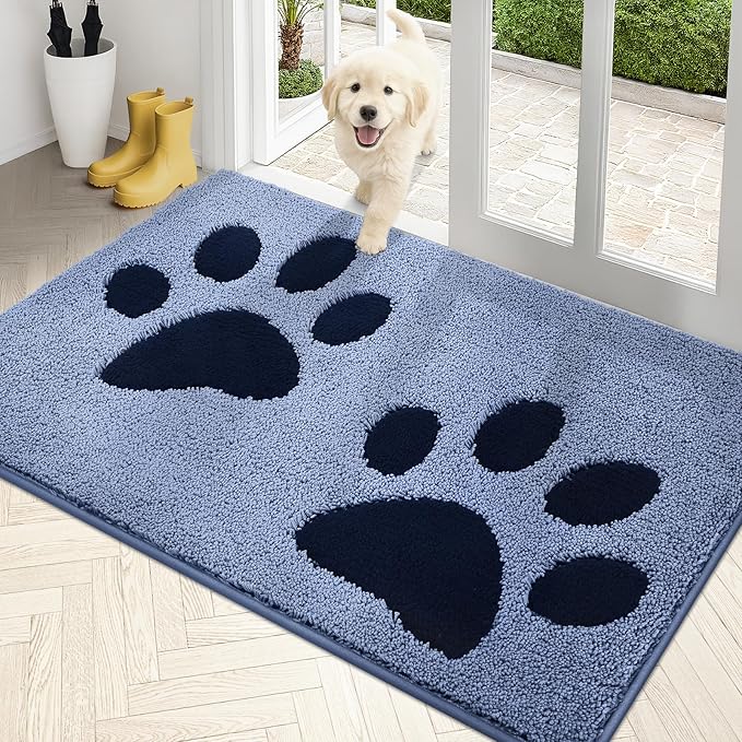 PURRUGS Dirt Trapping Door mat 33.5" x 59", Non-Skid/Slip Machine Washable Microfiber Entryway Rug, Dog Door Mat, Super Absorbent Welcome Mat for Muddy Wet Shoes and Paws, Light Blue