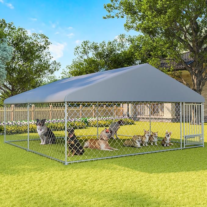 13'x13' Outdoor Dog Kennel with Roof, Dog Kennel Outside with Rotated Dog Bowls, Large Dog House Pen Enclosure with Secure Lock, Wateproof Sunproof Cover