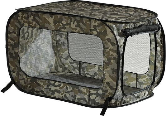 Beatrice Home Fashions Portable, Collapsible, Pop Up Kennel Travel Cat and Dog Crate, 40" L x 27" W x 27" H, Camo Green