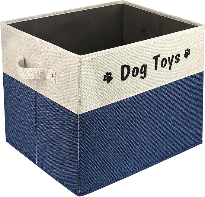 PET ARTIST Large Dog Toy Basket, Foldable Dog Toy Bin Box for Living Roon Area, Collapsible Storage Baskets with Comfortable Handles for Pet Coat,Accessories, Navy Blue, 15"x13"x12"