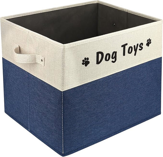 PET ARTIST Large Dog Toy Basket, Foldable Dog Toy Bin Box for Living Roon Area, Collapsible Storage Baskets with Comfortable Handles for Pet Coat,Accessories, Navy Blue, 15"x13"x12"