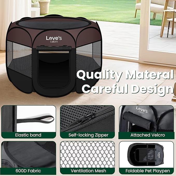 Love's cabin Pet Puppy Dog Playpen, Small Dog Tent Crates Cage Indoor/Outdoor, Portable Playpen for Cat, Foldable Pop Up Dog Kennel Playpen with Carring Case, Removable Zipper Top, Brown
