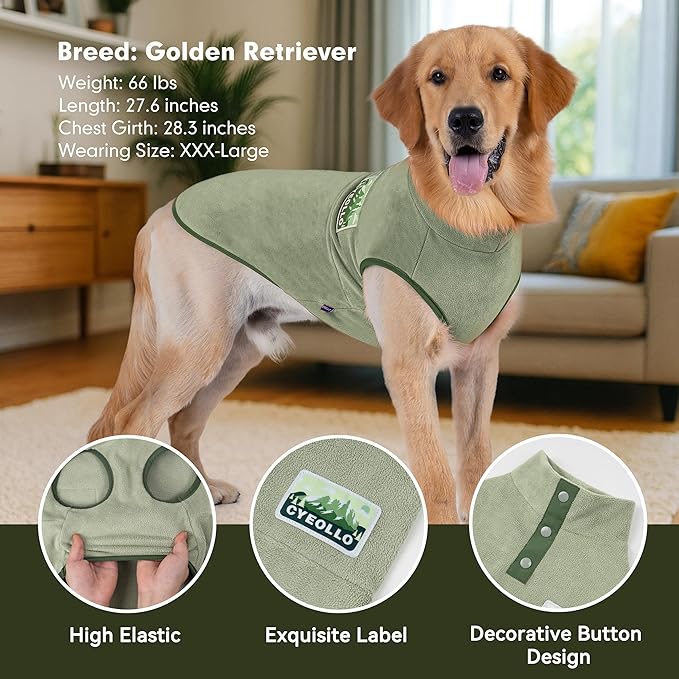 cyeollo 3XL Fleece Dog Sweater, Pullover Sweatshirt Stretchy Fleece Vest Warm Winter Fall Clothes for Large Dogs Boy Turtleneck Pet Apparel, Green XXXL