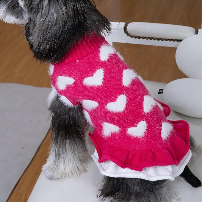 CuteBone Fancy Pink Dog Sweater Dress, Soft and Stretchy Dog Clothes for Medium Large Dogs Girl, Pink Heart Puppy Sweater Pullover Ruffle Dress Pet Outfit Cat Apparel