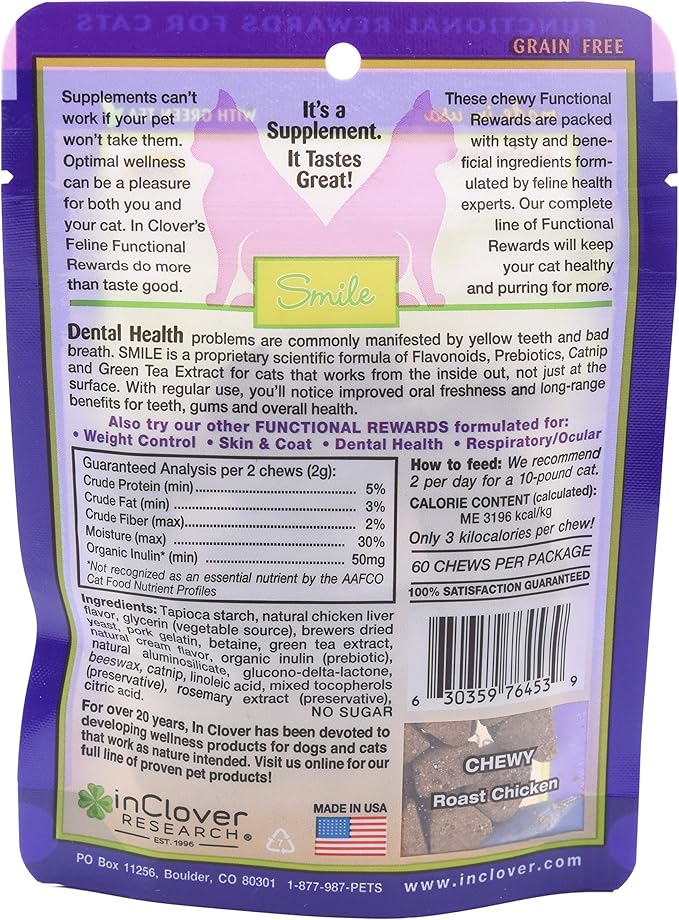 In Clover Smile Daily Dental Health Soft Chews for Cats, Support Healthy Teeth and Fresh Tongue with Catnip and Green Tea, Prebiotics, and Chlorophyll for Fresh Breath